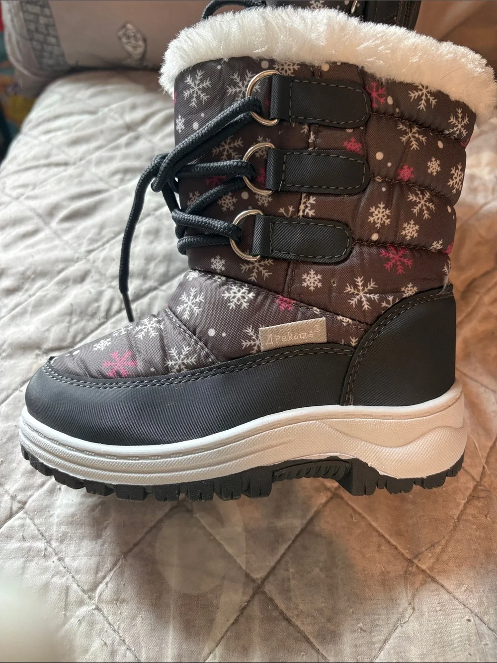 Kids Winter Snow Boots - Gray with Pink Snowflakes